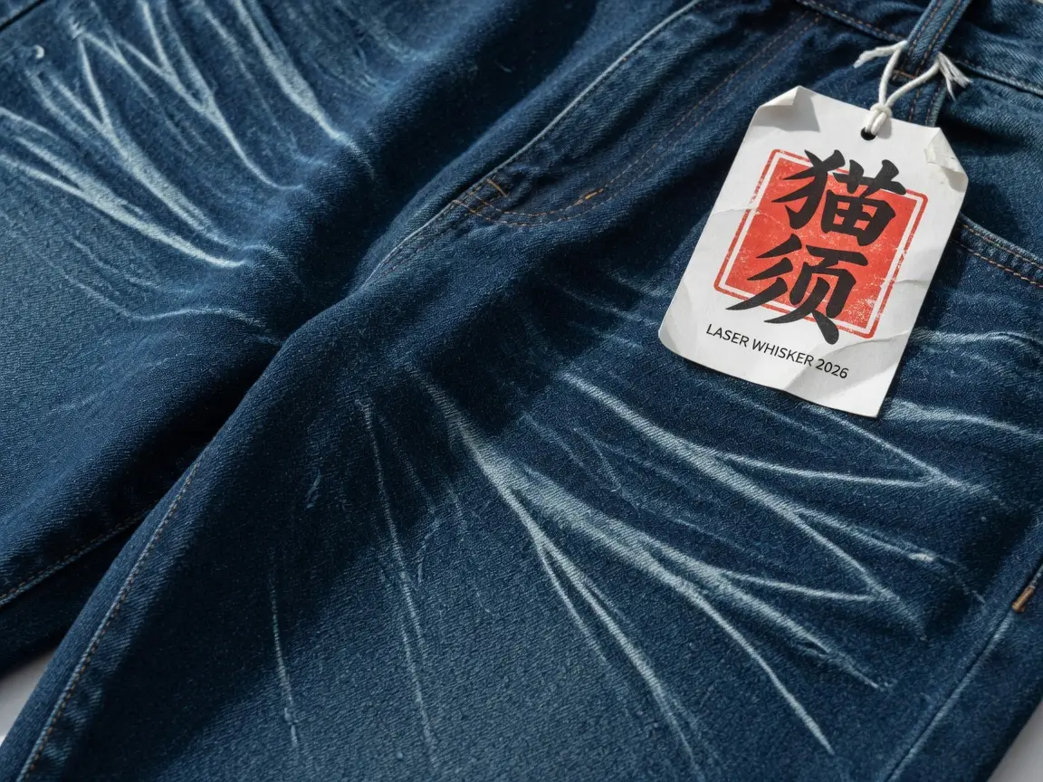 牛仔裤大腿上的激光猫须与吊牌