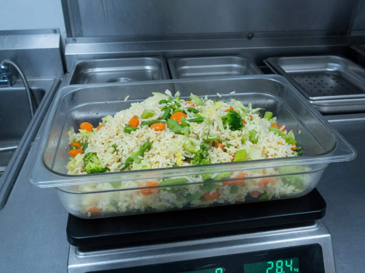 班后未用完的米饭蔬菜在秤上称重