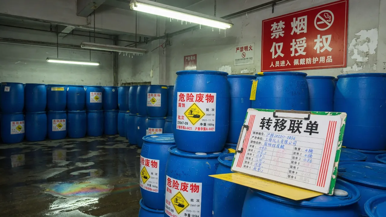 危废库内的桶装废物与五联单夹板