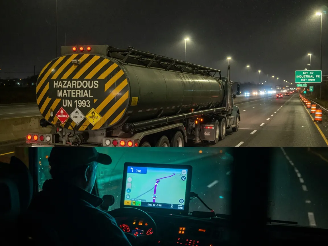 夜间危废运输车辆在公路上