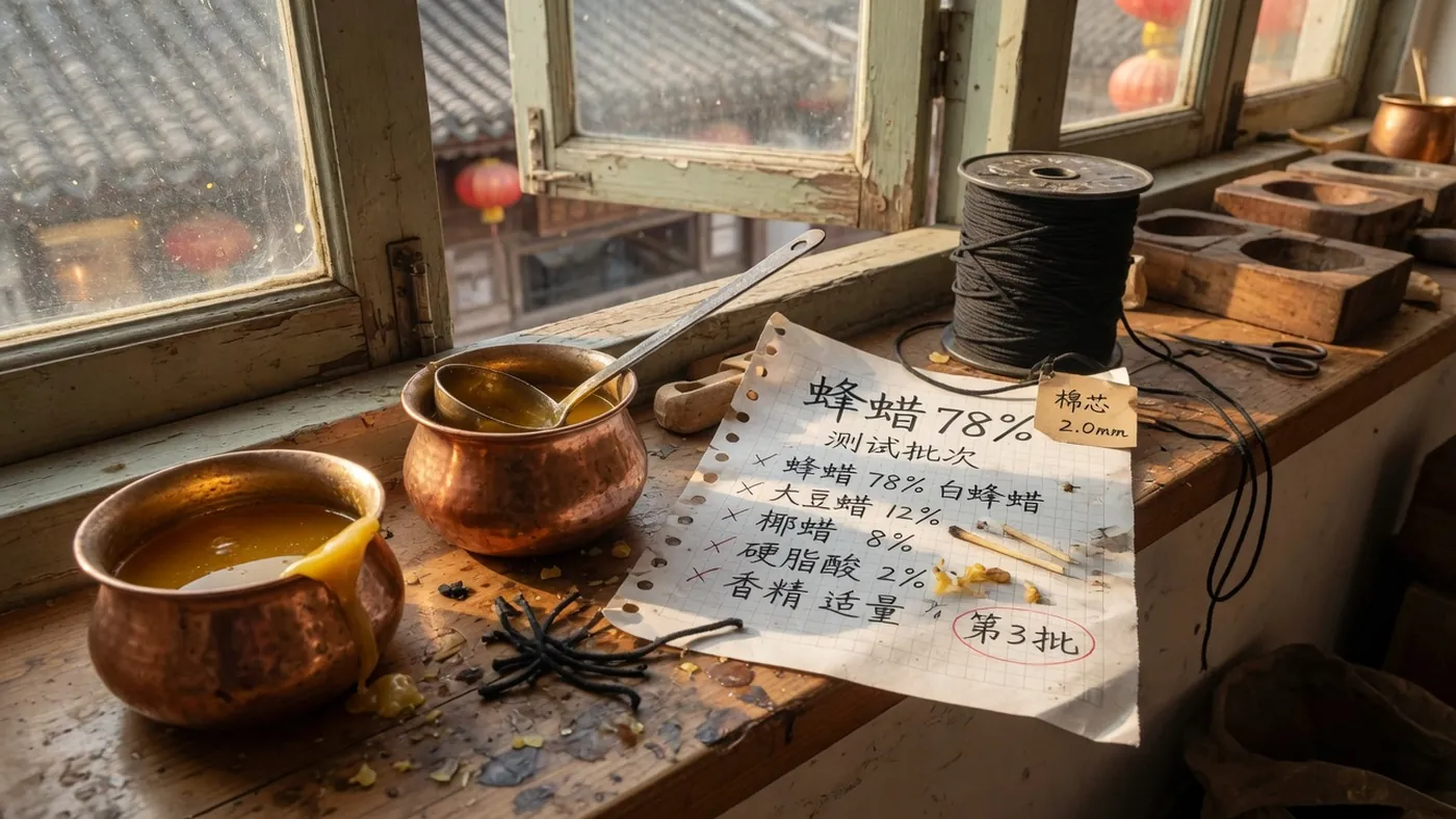 窗边工坊台面：铜锅熔化蜂蜡、牛皮纸配方与黑灯芯卷
