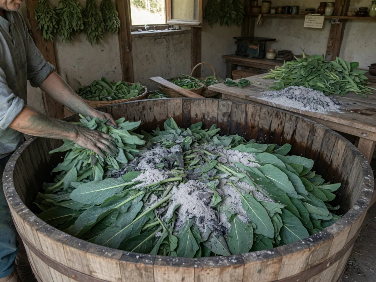 木缸里铺菘蓝叶与灰，助手正在投料