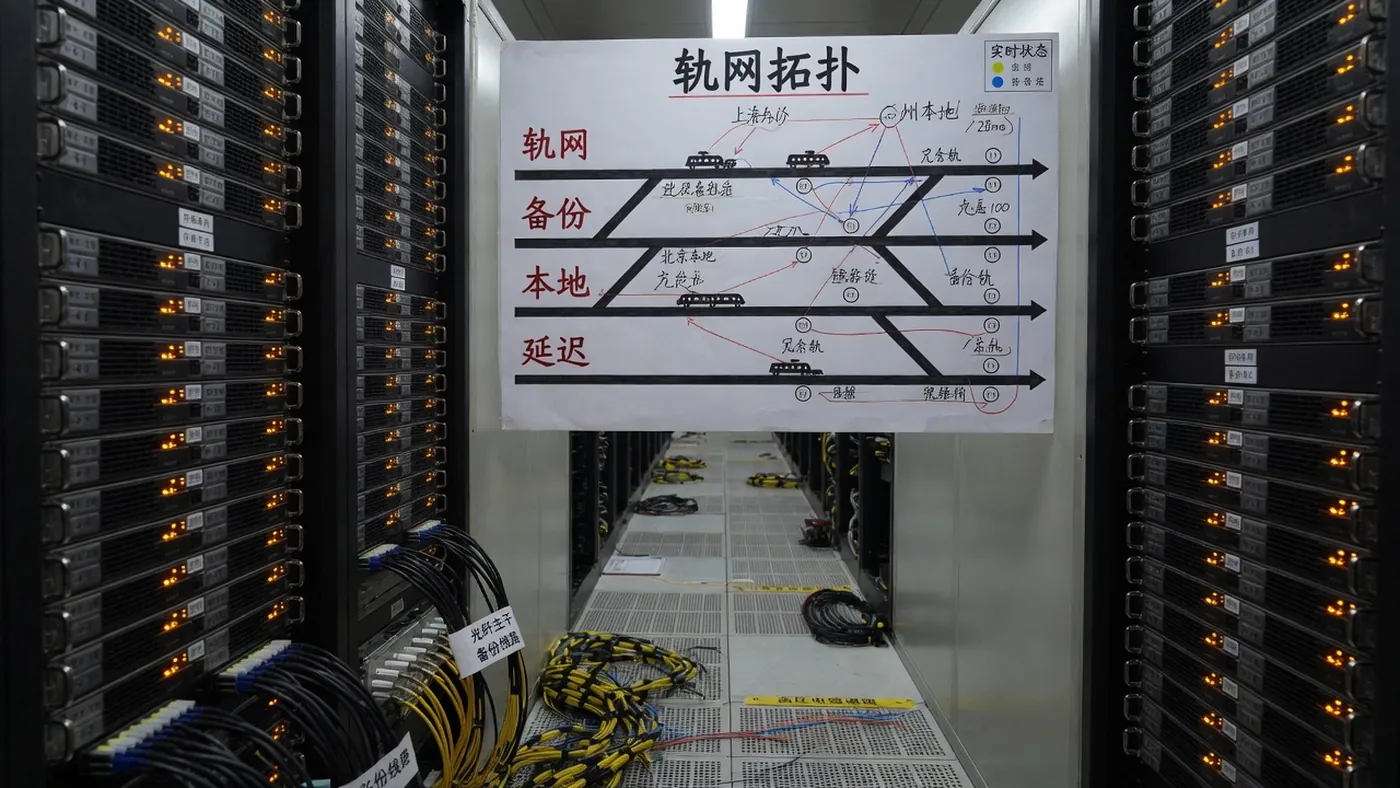华岳能源总部机房过道，墙上贴着信创图谱依赖轨网